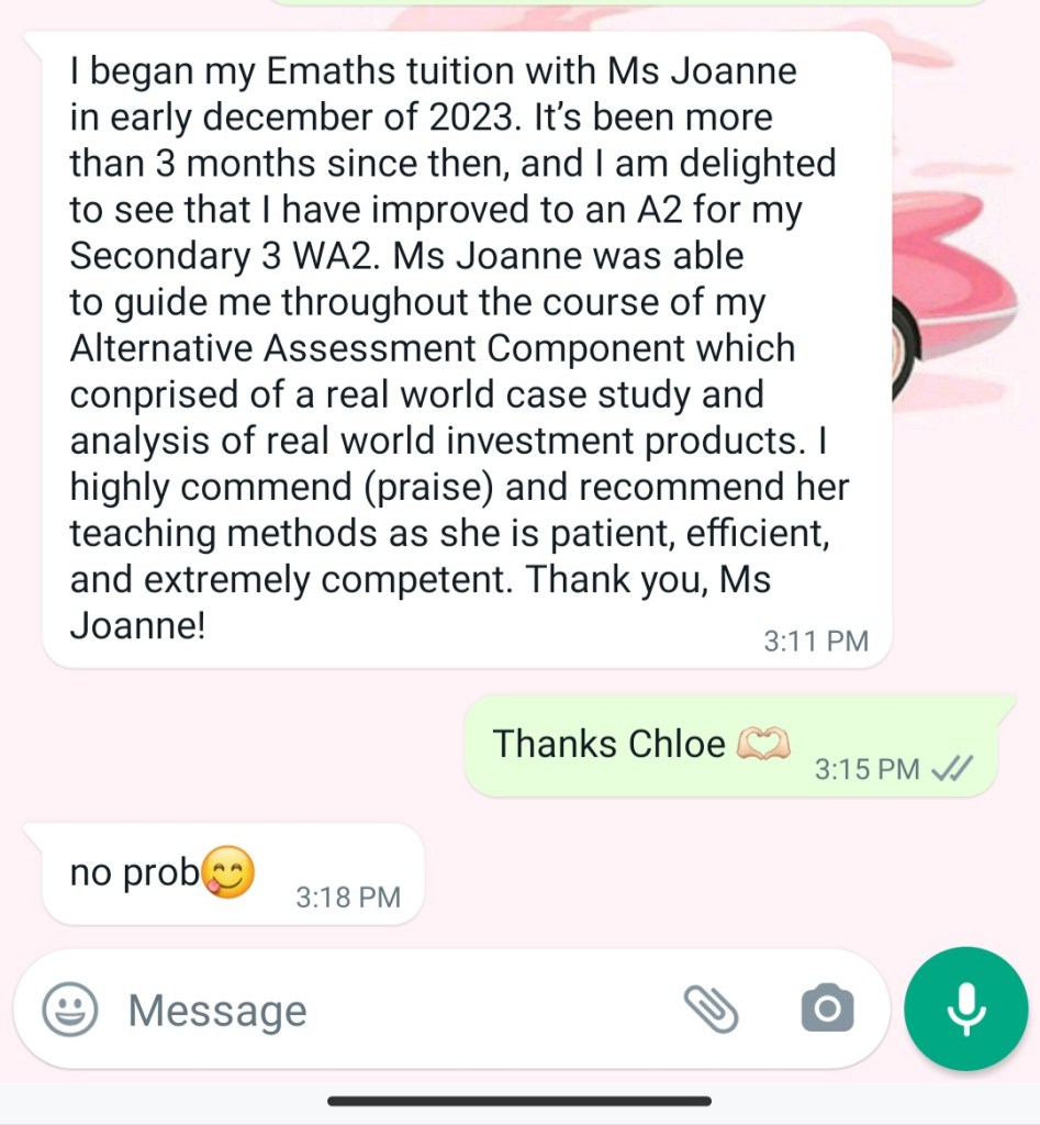 O level testimonials from student for emath and amath tuition