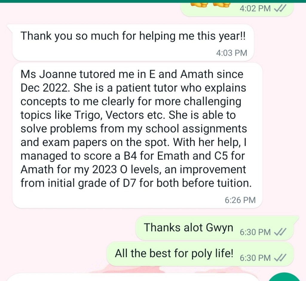 O level testimonials from student for emath and amath tuition